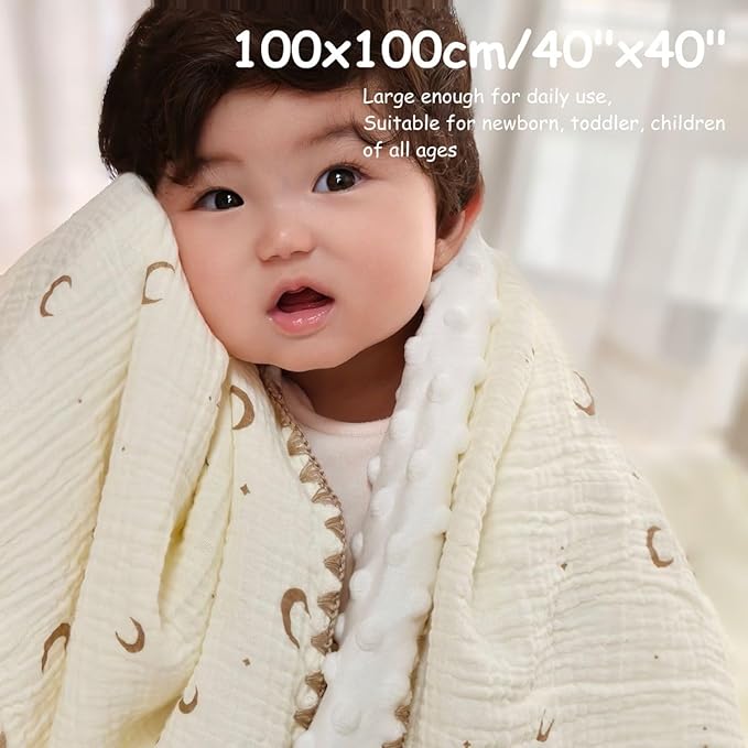 Baby Blanket Cotton Muslin Swaddle Thick Crib Bedding Dotted Backing Double Layer Receiving Blanket 40"x40" (Moon Stars)