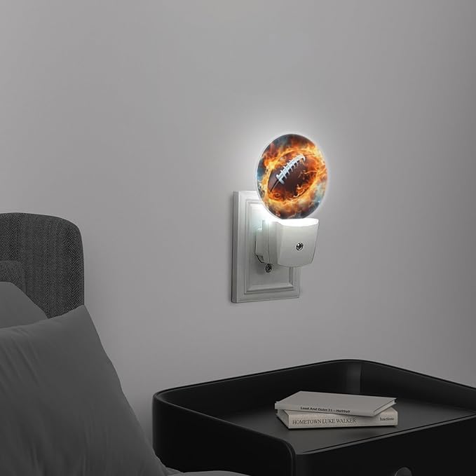 Round LED Night Lights Lamp with Dusk to Dawn Sensor, American Football Ball on Fire Night Light Plug Into Wall for Kids Room, Bedroom, Bathroom, Kitchen, Hallway