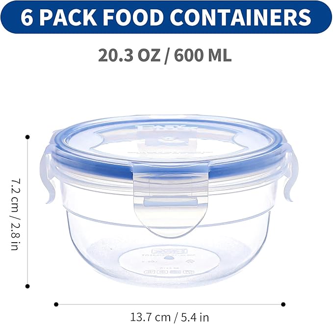 KIGI 6 PACK 20oz Plastic Mixed Bowls with Lid Leakproof Food Storage Container Set Small Meal Prep Containers Bento Box