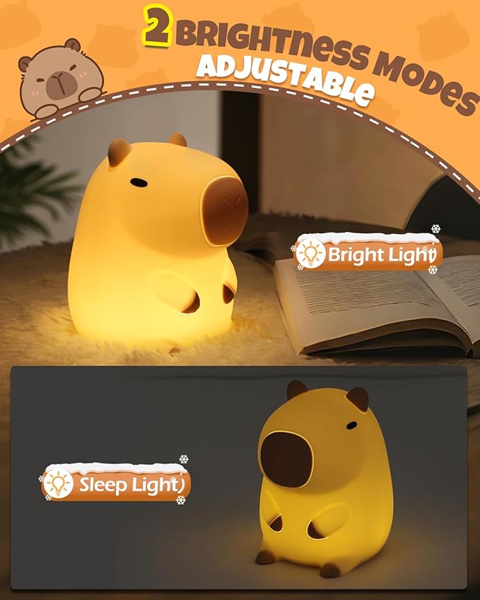 Cute Capybara Night Light, Animal Lamp, Food Grade Silicone, Rechargeable, 2 Level Dimmable, Squishy Nursery Nightlight for Desk Decor, Funny Gifts Stuff for Boys Girls Baby, White Elephant Gifts