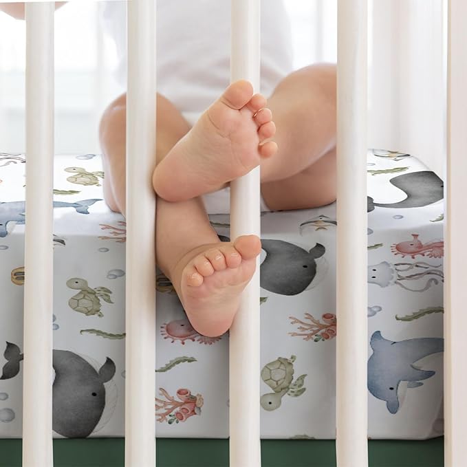 Boho Sea Animals Baby Crib Fitted Sheet 52''x28'' Whale Dolphin Jellyfish Sea Horse Turtle Fish Coral Snug Fitted Crib Mattress Cover for Boy Girl Soft Bed Sheets for Standard Crib Toddler Mattress