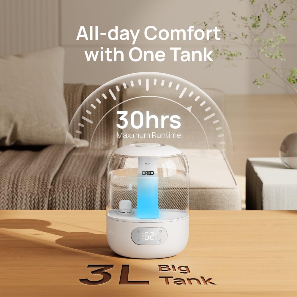 Dreo Humidifiers for Bedroom, 3L Top Fill 30H & 26dB Quiet Runtime for Large Room, Cool Mist Ultrasonic Humidifier with Humidity Sensor, Night Light for Home, Baby, Nursery, Plants, 360° Nozzle, White