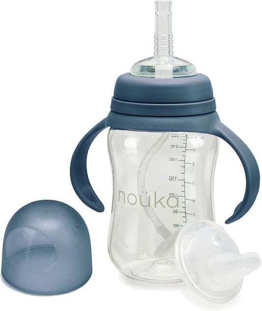 nouka Tritan Plastic Transitional Sippy Cup with Weighted Straw | Leak Proof and Easy Grip | Removable Handles | Deep Ocean