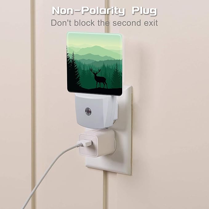 Misty Forest Deer and Mountain Night Light for Kids,Natural Landscape Wild Animal Night Light Plug in with Dusk to Dawn Sensor,0.5w Energy Saving Nightlight for Hallway Stairway Kitchen Bedroom