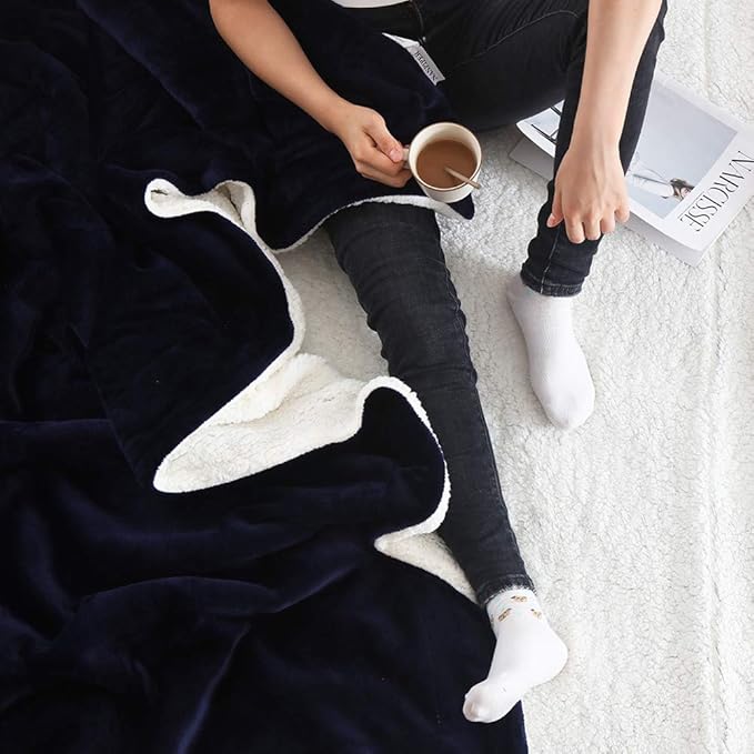 NANPIPER Couch Blanket Reversible Sherpa Flannel Blanket Ultra-Soft Plush Warm Fleece Microfiber (90"x90" Navy Blue) Queen