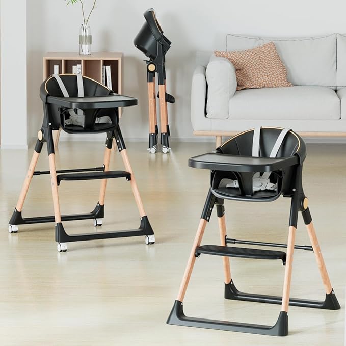 Baby High Chair, High Chairs for Babies and Toddlers, Convertible Folding High Chair with Removable Tray 5 Point Harness Footrest Detachable PU Cushion, Portable Highchair for Baby Toddlers