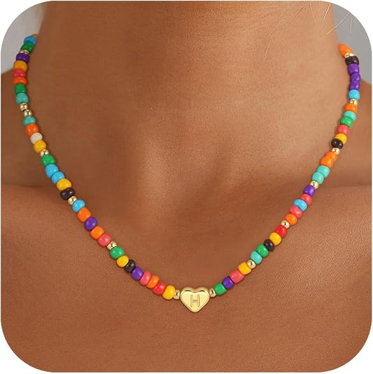 Colorful Heart Initial Necklaces for Girl Kids - 18K Gold Filled Colorful Bead Initial A-Z Letter Necklace Teen Girls Gifts Trendy Stuff Birthday Gifts for 5 6 7 8 9 10 Year Old Girls Gift