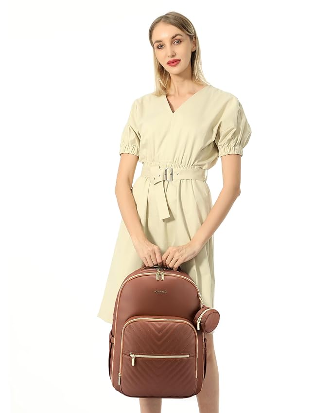 LOVEVOOK Leather Diaper Bag Backpack, Quilted Baby Bag with Changing Pad & Pacifier Holder, Waterproof Travel Diaper Bags for Baby Boys Girls, Stylish and Large Capacity, Brown