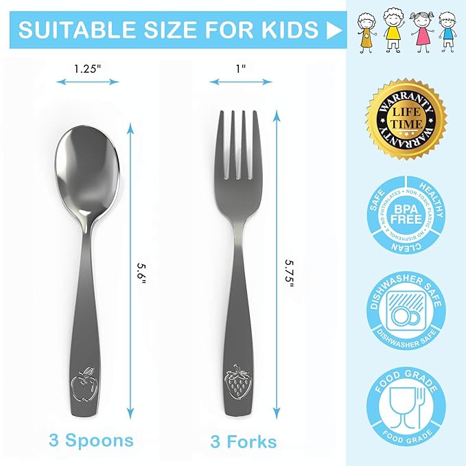 CHILLOUT LIFE Stainless Steel Kids Silverware Set 12 Pieces - Child and Toddler Safe Flatware - Kids Utensil Set - Metal Kids Cutlery Set (Includes 6 Small Kids Spoons & Kids 6 Forks)