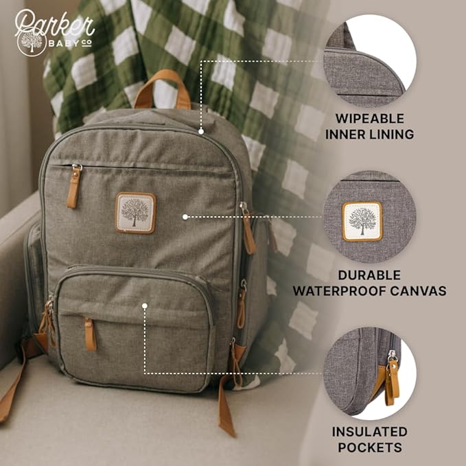Parker Baby Diaper Backpack - Full Zip Diaper Bag with Insulated Pockets - Gray