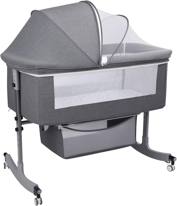 3 in 1 Baby Bassinet | Bedside Sleeper with Storage Basket and Wheels | Bedside Crib for Baby | Height Adjustable Bedside Bassinet Movable Beside Bassinet with Mosquito Net (Grey)