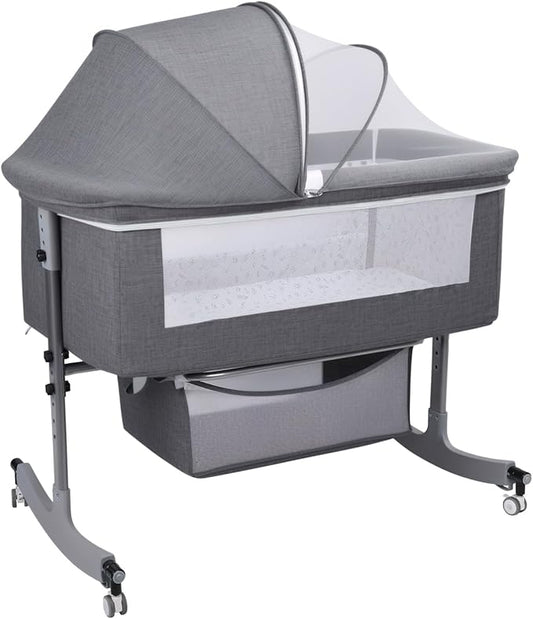 3 in 1 Baby Bassinet | Bedside Sleeper with Storage Basket and Wheels | Bedside Crib for Baby | Height Adjustable Bedside Bassinet Movable Beside Bassinet with Mosquito Net (Grey)