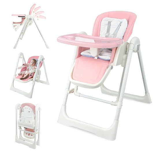 High Chairs for Babies and Toddlers Foldable High Chair Adjustable with Reclining Seat & Leg Rest, 3-in-1 Convertible Baby Swings with Tool-Free Assembly (Pink)