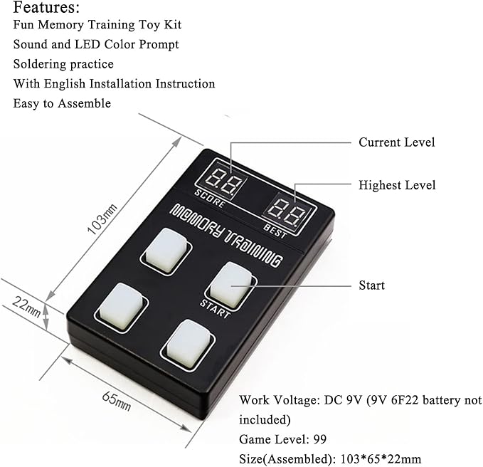 ISolderStore Light Up Memory Practice Game Handheld Electronic Soldering Practice Kit DIY Soldering Project Color Memorizing Classic Board Games