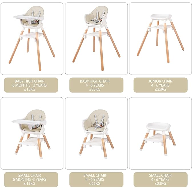6 in 1 Baby High Chair, Convertible Wooden High Chairs/Booster Seat for Babies and Toddlers, Baby Feeding Chair with 5-Point Harness/Double Removable Tray & Adjustable Footrest (Beige)