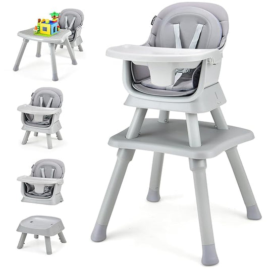 KOTEK Baby High Chair, 8 in 1 Convertible Highchairs for Babies and Toddlers, Building Block Table, Booster Seat, Toddler Chair with Removable Tray, Safety Harness, Dual Cushions (Gray)