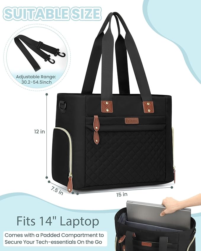 Diaper Bag Tote for Working Mom, Large Travel Diaper Tote for Mom and Dad with 14 Inch Laptop Sleeve, Mommy Maternity Travel Baby Bag for Boys and Girls, Black