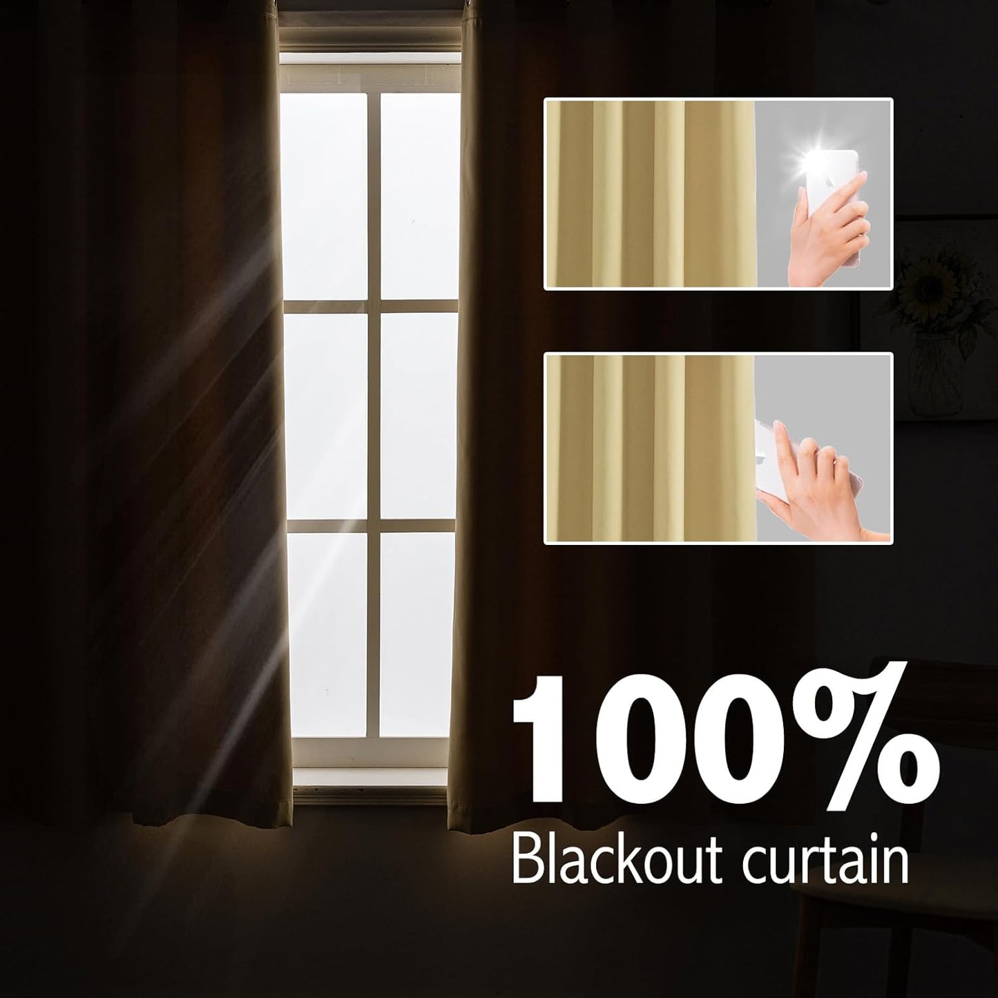 Anytime 100% Blackout Curtain Set, Thermal Insulated & Energy Efficiency Window Draperies for Guest Room, Full Shading Panels for Shift Worker and Light Sleepers（Beige, 2 Panels, 70W x 63L）