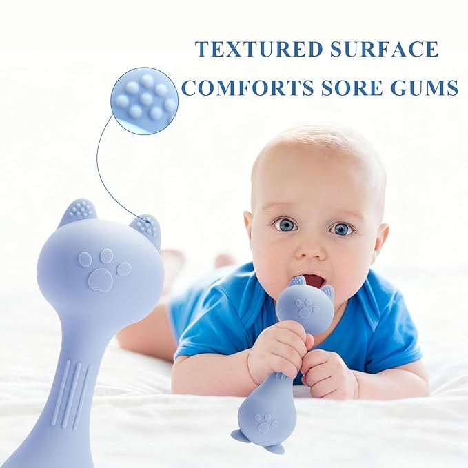Baby Rattle Teething Toys Cat Silicone Teether Rattles for Baby 0-36 Months Food Grade Silicone (Blue)