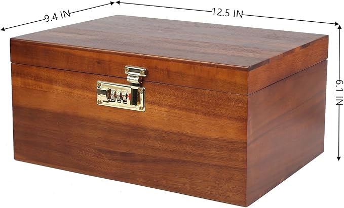 Large Wooden Storage Box with Combination Lock, 12.5 IN Acacia Wood Keepsake Box with Lid for Storage Trinkets, Jewelry, Card, Photo, Wooden Lock Decortive Case for Home -WB005-X Large