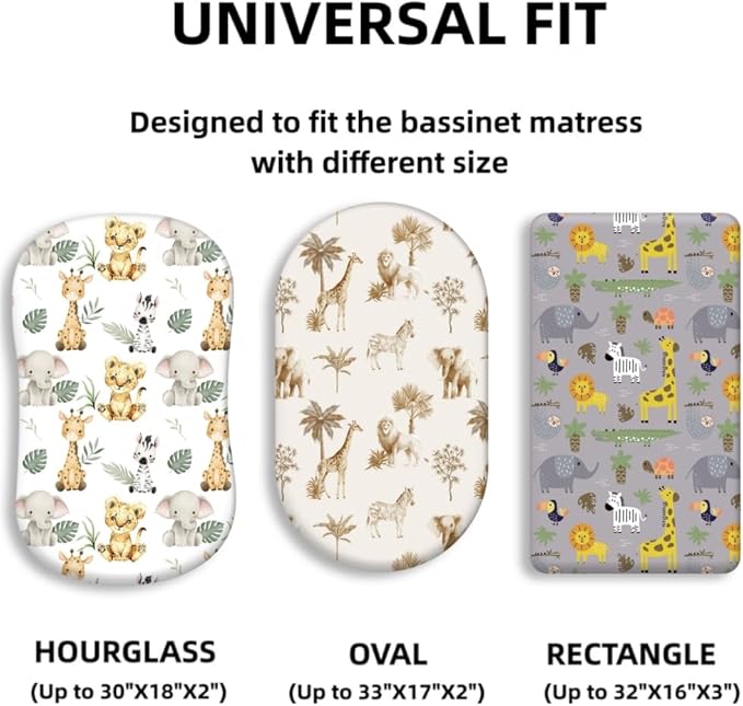 4 Pack Safari Jungle Animals Neutral Unisex Fitted Nursery Baby Sheets Set Toddler Mattress Sheets for Baby Boys or Girls (Bassinet Sheets)