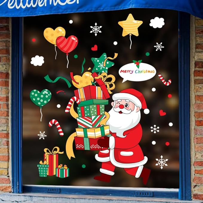 Merry Christmas Garter Window Glass Decoration Stickers Santa Claus Hug a Pile Gift Design 2026 New Holiday Removable Dress up DIY Static Window Clings Decals for Living Room Bedroom Shop Windows