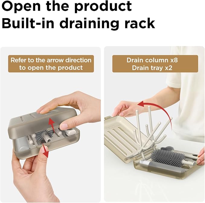 YOTIME Travel Bottle Brush Set, Auto-Open Rack & Vertical Brushs Drying Slots, 3 Brushes, Foldable Drying Rack, Dispenser, Travel Baby Essentials for On-The-Go Parents, Coffee