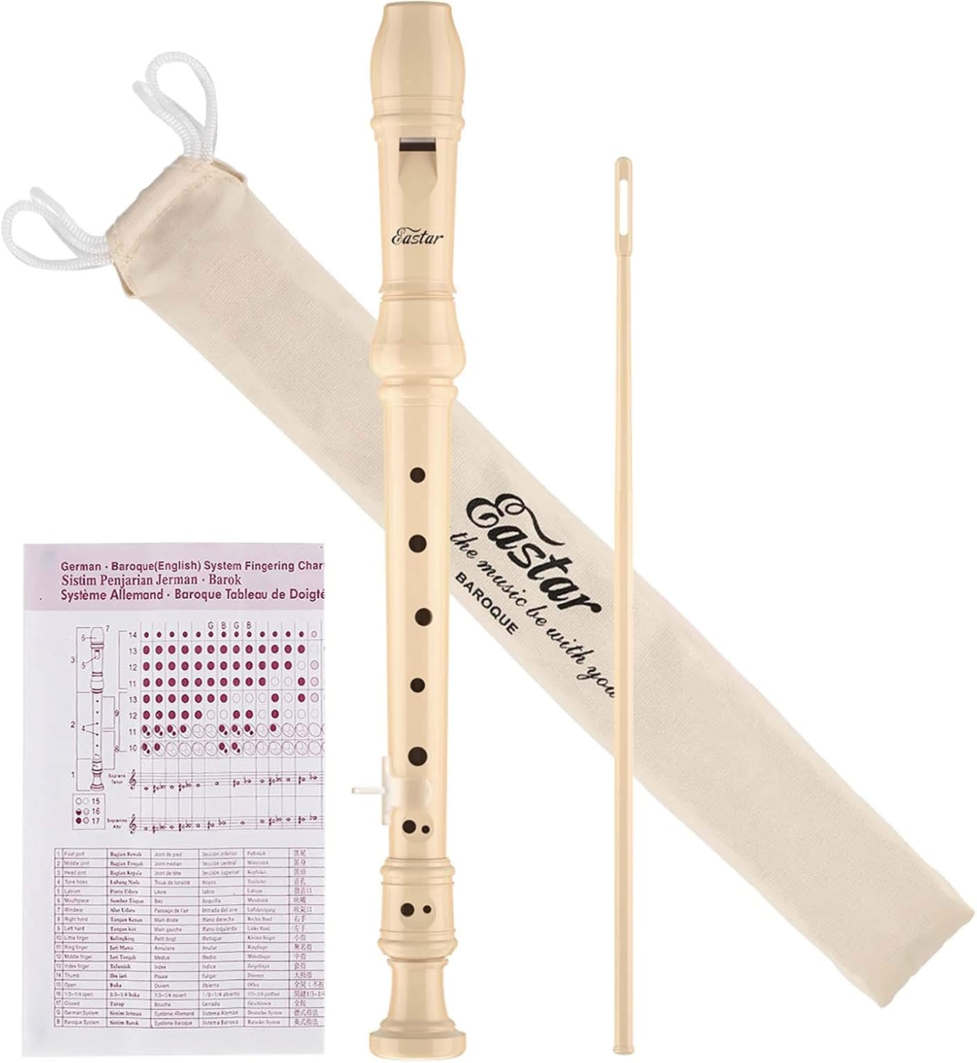 Eastar Soprano Recorder Instrument for Kids Beginner, Baroque Fingering C Key with Cleaning Kit, Thumb Rest, Cotton Bag, Fingering Chart, ERS-21BN, Natural, School-Approved