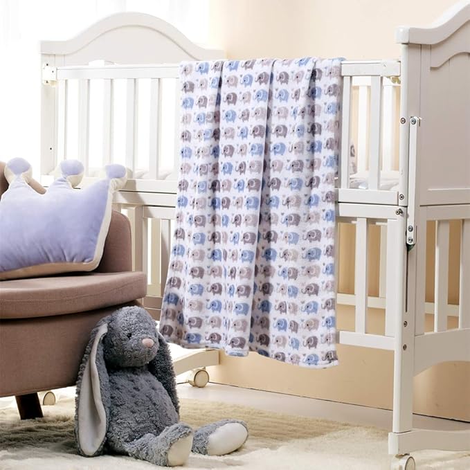 CREVENT 30"X40" Cute Lightweight Silky Cozy Warm Baby Blanket for Boys Infant Toddler Newborn Unisex Crib Cot Stroller, Baby Shower, Summer Spring - Blue Elephant