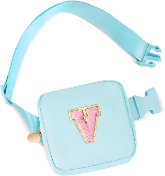 Mini Belt Bag Fanny Pack with Initials Letter Patch Small Crossbody Bags Cute Stuff Birthday Gifts for Teenager Girls Trendy Stuff for Teens - V,Blue
