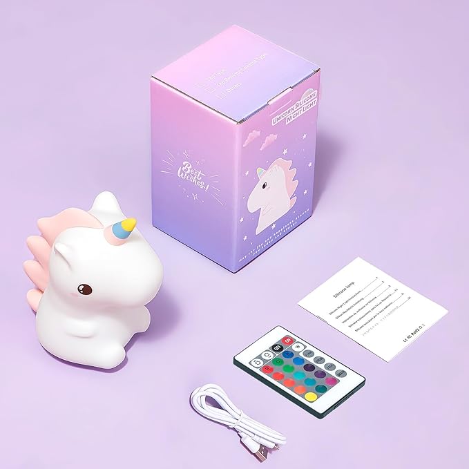 Mubarek Unicorn Night Light for Kids,【Remote&16 Colors】 Toddler Night Light,5 Brightness Nightlight for Kids Room,Cute Lamp Unicorn Lamp,Kawaii Room Decor,Gifts for Girls