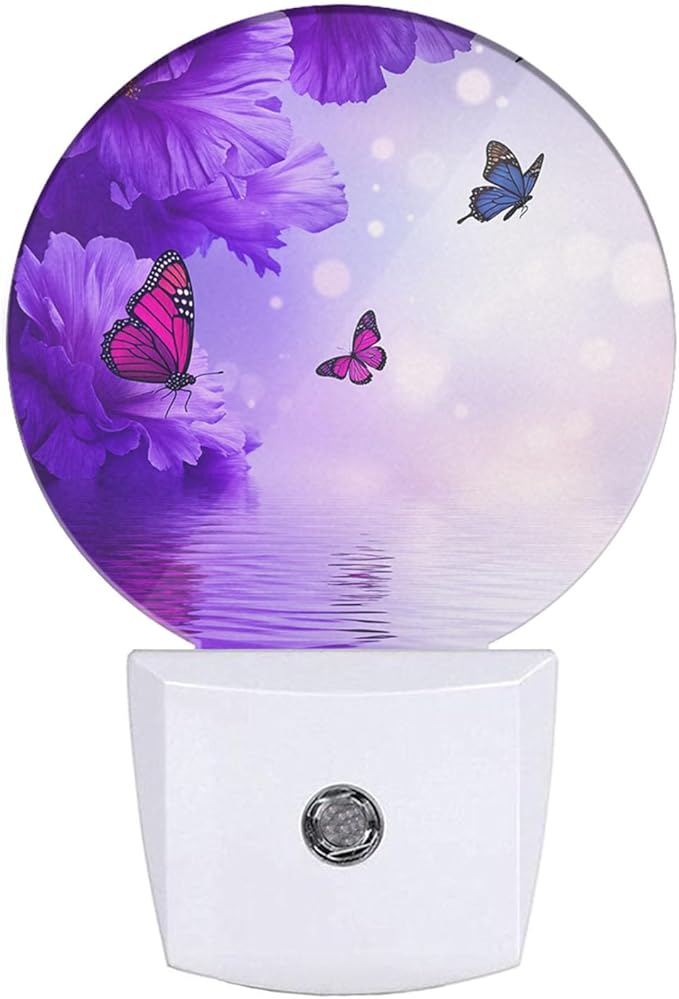 EKOBLA Flower Butterfly Night Light - Purple LED Wall Plug-in Nightlights with Auto Sensor, Dusk to Dawn Lighting for Bedroom & Nursery (0.5W Sleep-Friendly Glow)