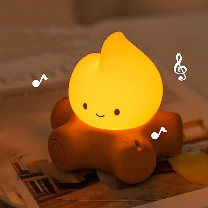 Cute Fake Campfire Lamp with White Noise, 5 Soothing Sounds & Flickering Flame Light, Rechargeable Portable Night Light for Sleep, Relaxation, Camping Decor & Gifts (White Noise Version)