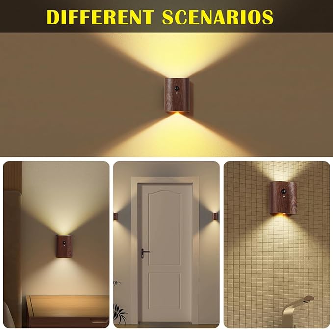 LANDGOO Smart Night Light Step Lights 2 Pack - Rechargeable Motion Sensor Stair Lights, 2700K Warm White LED, Walnut Wood for Hallway & Bedroom Safety