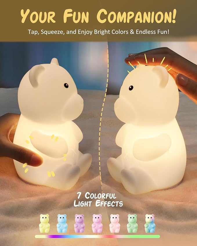 Night Light for Kids, Rechargeable Dimmable Silicone LED Nightlight with 7 Colors, Baby Nursery Night Lamp, Touch Squishy Lamp, Cute Gifts for Girls, Boys, Toddler Room Decor, Bear