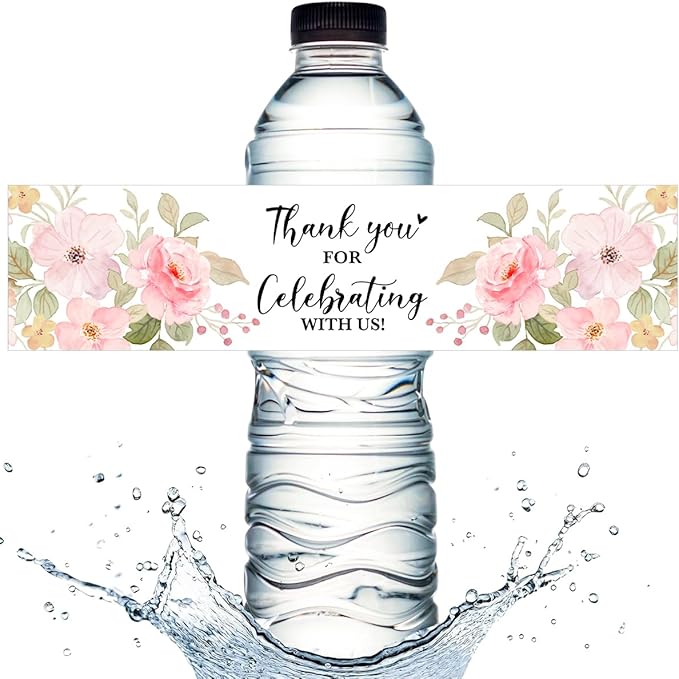 100PCS Wedding Water Bottle Labels Waterproof Greenery Floral Wraps Sticker for Water Bottle Baby Shower Bottle Label for Bridal Shower Party Thanks (Pink)
