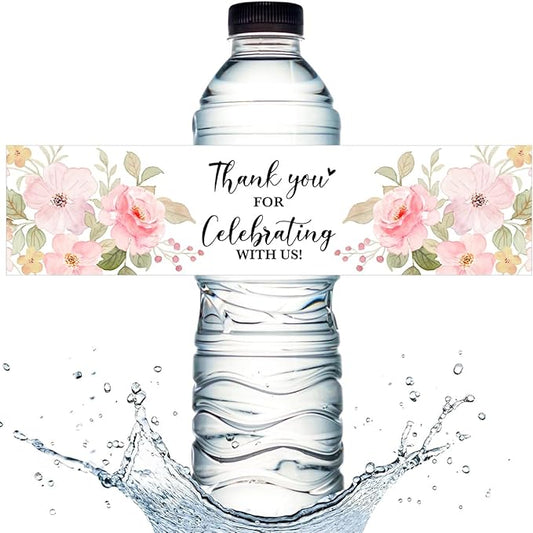 100PCS Wedding Water Bottle Labels Waterproof Greenery Floral Wraps Sticker for Water Bottle Baby Shower Bottle Label for Bridal Shower Party Thanks (Pink)