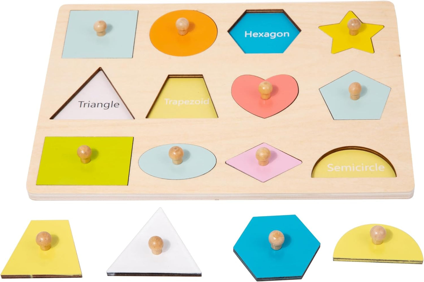 Adena Montessori Wooden Shape Peg 12 Piece of Colorful Shape Cognition Knob Puzzles Baby & Toddler Development Toy