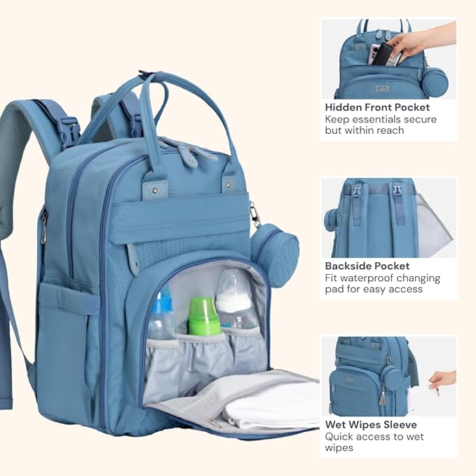 BabbleRoo Diaper Bag Backpack - Baby Essentials Travel Tote - Multi function Water Resistant Diaper Bag, Travel Essentials Baby Bag with Changing Pad, Stroller Straps & Pacifier Case - Light Blue