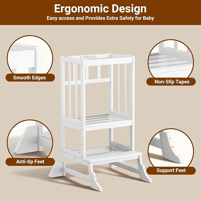 COSYLAND Height Adjustable Kitchen Stool for Toddlers – Portable Toddler Standing Tower for Learning and Cooking – Stable Kids Helper Tower with Stability Block for Kitchen Counter (White)
