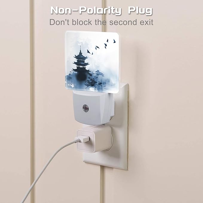 Pagoda and Soaring Birds Night Light Plug into Wall, Watercolor Ink Painting Landscapes Dusk to Dawn Night Light Plug in,0.5w Energy Saving Sleep Friendly NightLight for Kids Boys Girls Home Decor