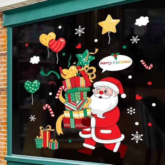 Merry Christmas Garter Window Glass Decoration Stickers Santa Claus Hug a Pile Gift Design 2026 New Holiday Removable Dress up DIY Static Window Clings Decals for Living Room Bedroom Shop Windows