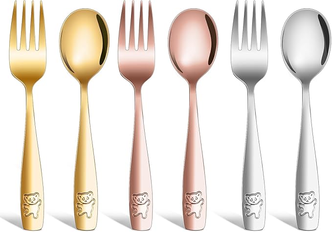 6 Piece Stainless Steel Kids Silverware Set,Toddler Utensils,Children Safe Food Grade Forks and Spoons,Mirror Polished, Dishwasher Safe