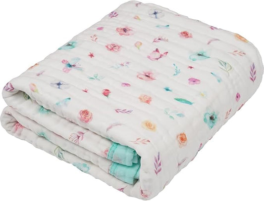 Organic Cotton Muslin Baby Blanket for Boys and Girls - Luxurious Soft Toddler Quilt for Swaddling - Gender Neutral Blanket - Baby and Toddler Gift - Pastel Floral