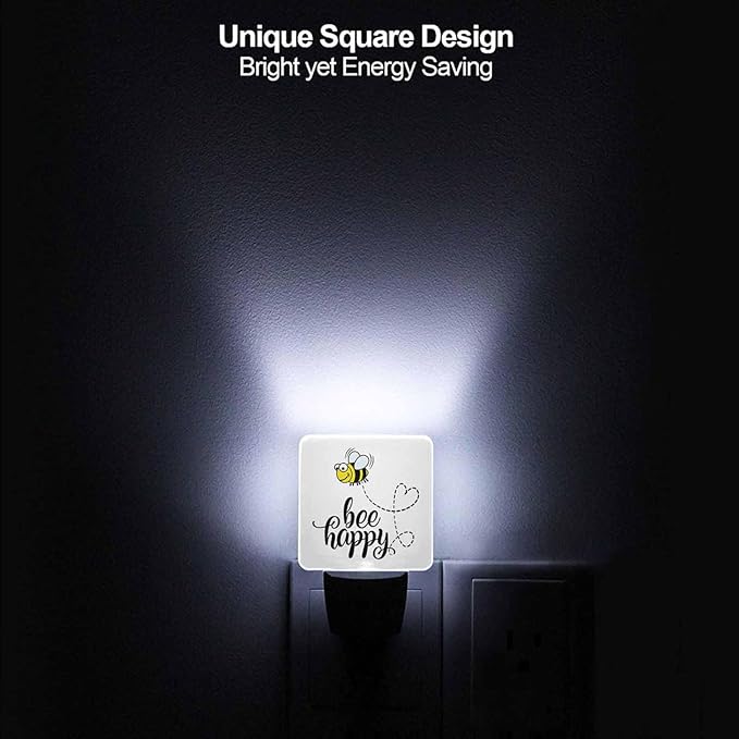 LED Night Light,Bee Happy Funny Text Quote Cute Fat Bee LED Night Light Plug into Wall with Dusk to Dawn Light Sensor White Energy Efficient Nightlight for Bedroom Bathroom Hallway Living Room Kitchen
