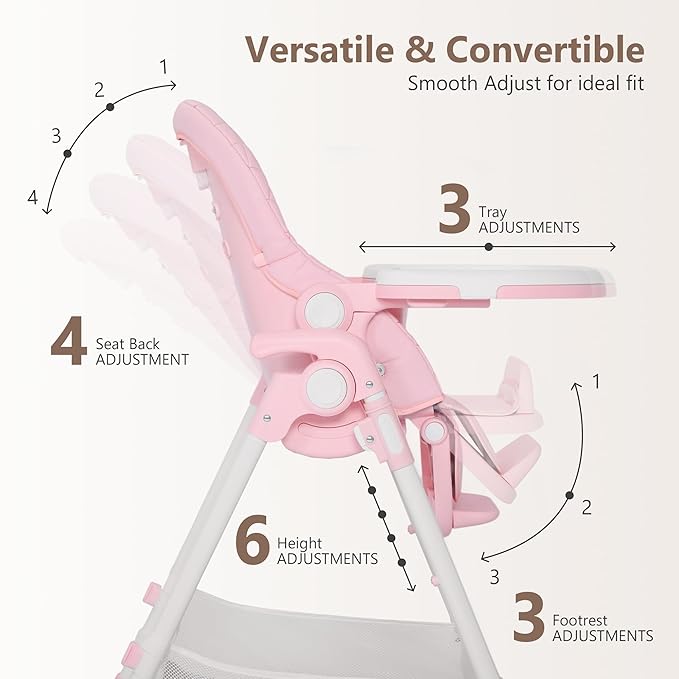 Kinder King Convertible Baby High Chair, Adjustable Feeding Chair for Babies and Toddlers with Removable Double Tray, Simple Compact Fold for Space-Saving, 2 Built-in Wheels, Easy to Clean, Pink