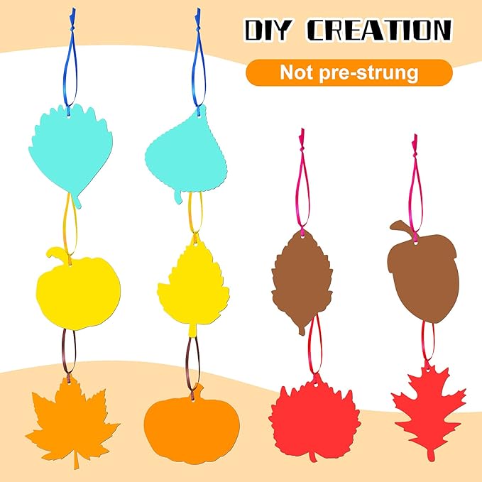 Kasyat 60 Pieces Thanksgiving Scratch Paper Art Set, Fall Scratch Craft Art Colorful Fall Leaves with 60 Pcs Colored Ribbons 10 Pcs Sticks for Kids Autumn DIY Supplies