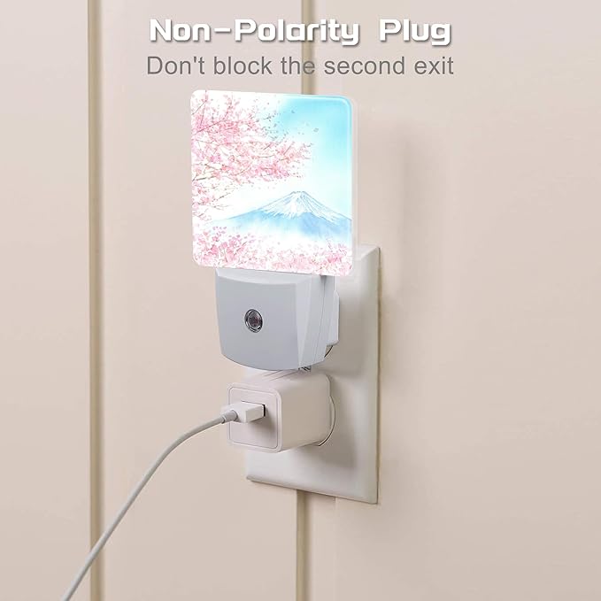 Cherry Blossoms with Mountain Fuji Night Light Plug into Wall, Watercolor Pink Flowers Dusk to Dawn Night Light,0.5w Energy Saving Sleep Friendly Nightlights for Kids Boys Girls Home
