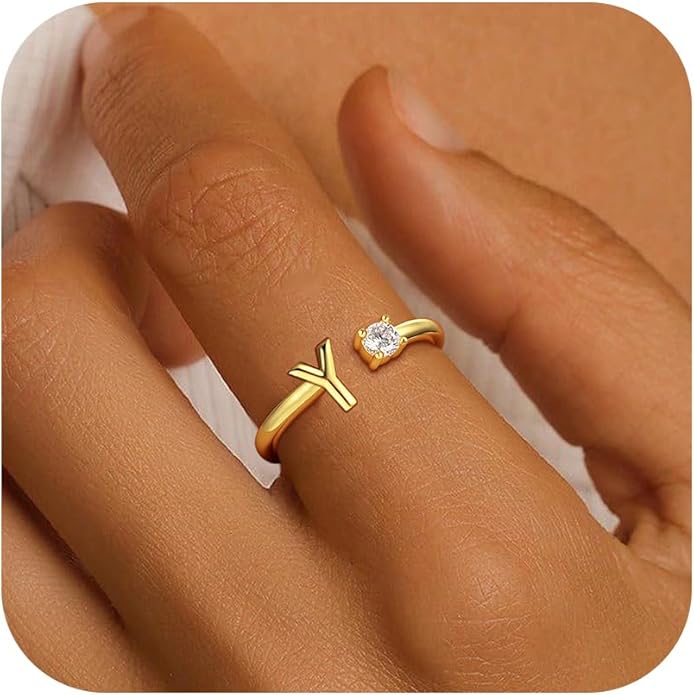 Gold Initial Rings for Women Girls, 14K Gold Plated Adjustable Initial Rings Teen Girl Gifts Trendy Stuff Letter Ring Birthday Gifts for Teenage Girls Non Tarnish