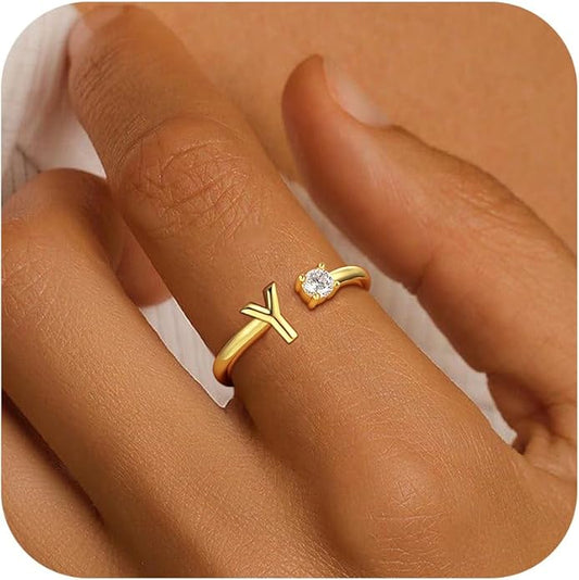 Gold Initial Rings for Women Girls, 14K Gold Plated Adjustable Initial Rings Teen Girl Gifts Trendy Stuff Letter Ring Birthday Gifts for Teenage Girls Non Tarnish